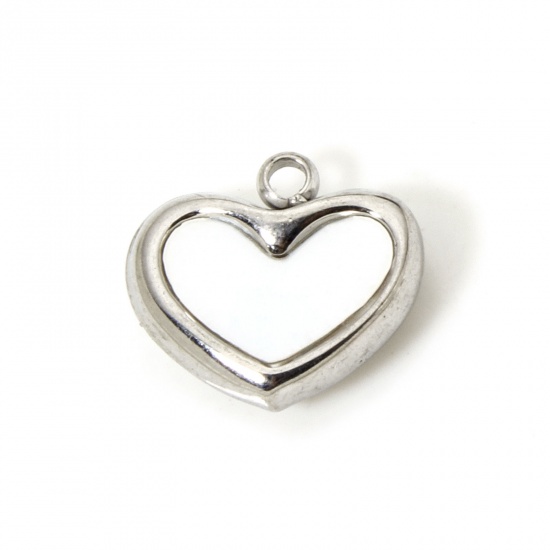 Picture of 2 PCs Eco-friendly 304 Stainless Steel & Natural Shell Valentine's Day Charms Silver Tone Heart 12mm x 10.5mm