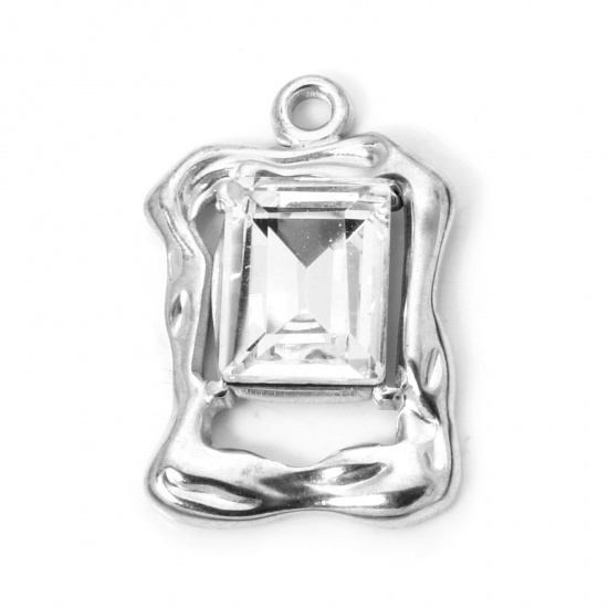 Bild von 2 Stück Umweltfreundlich 304 Edelstahl Valentinstag Charms Rechteck Silberfarbe Transparent Strass 23mm x 15mm