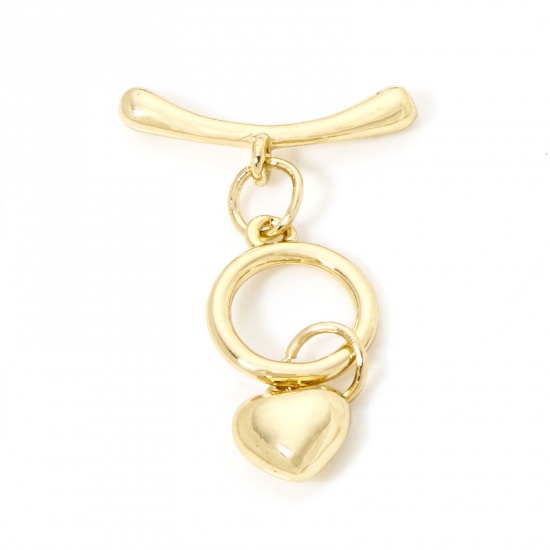 Picture of 2 Sets Brass Toggle Clasps Round Heart 18K Gold Plated 23mm x 11mm