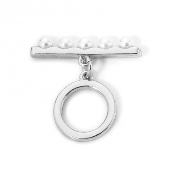Bild von 2 Sets Messing Knebelverschluss Rund Scheibe Echt Platin plattiert Acryl Imitat Perle 22x6mm 14.5x12mm