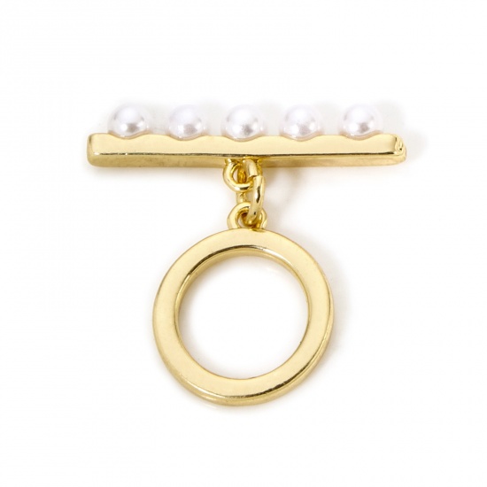 Bild von 2 Sets Messing Knebelverschluss Rund Scheibe 18K Echtgold plattiert Acryl Imitat Perle 22x6mm 14.5x12mm
