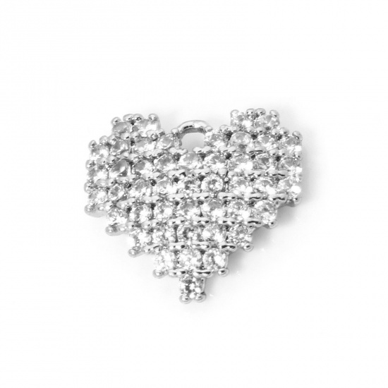 1 Piece Brass Valentine's Day Charms Platinum Plated Heart Micro Pave Clear Cubic Zirconia 10mm x 9mm の画像