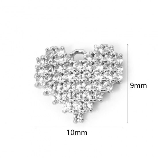 1 Piece Brass Valentine's Day Charms Platinum Plated Heart Micro Pave Clear Cubic Zirconia 10mm x 9mm の画像