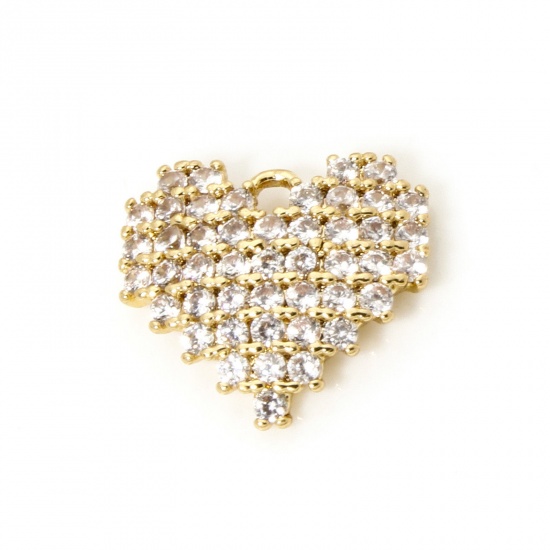 1 Piece Brass Valentine's Day Charms 18K Gold Plated Heart Micro Pave Clear Cubic Zirconia 10mm x 9mm の画像