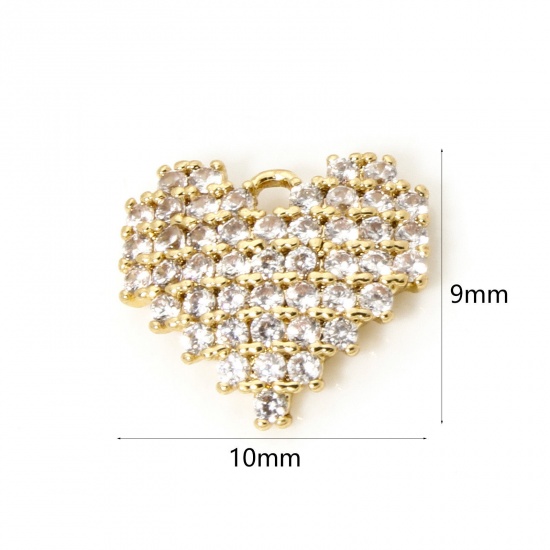 1 Piece Brass Valentine's Day Charms 18K Gold Plated Heart Micro Pave Clear Cubic Zirconia 10mm x 9mm の画像