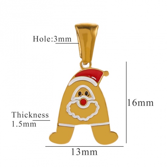 Picture of 1 Piece Eco-friendly PVD Vacuum Plating 304 Stainless Steel Charm Pendant Gold Plated Christmas Hats Message " A " 13mm x 16mm