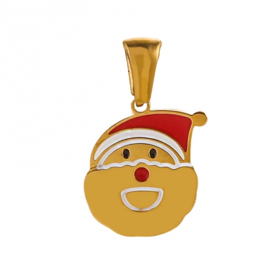 Picture of 1 Piece Eco-friendly PVD Vacuum Plating 304 Stainless Steel Charm Pendant Gold Plated Christmas Hats Message " D " 13mm x 16mm