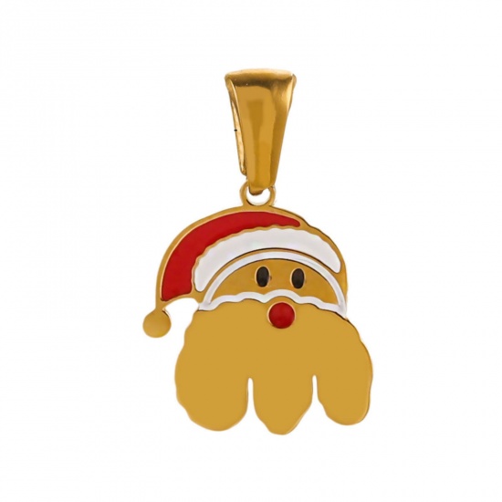 Picture of 1 Piece Eco-friendly PVD Vacuum Plating 304 Stainless Steel Charm Pendant Gold Plated Christmas Hats Message " E " 13mm x 16mm