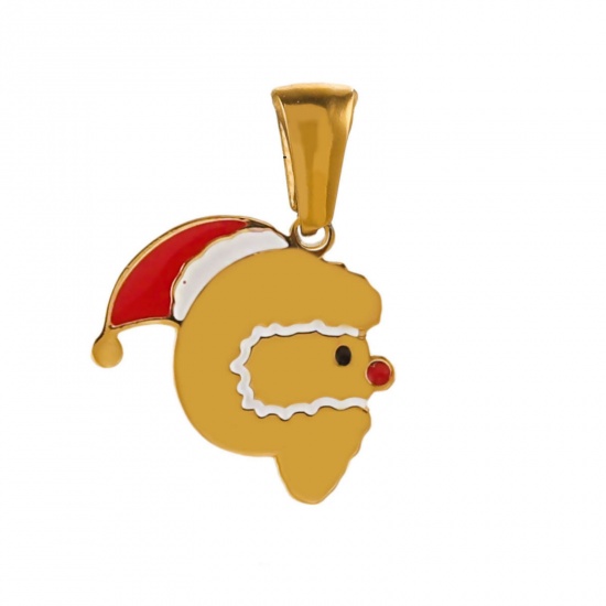 Picture of 1 Piece Eco-friendly PVD Vacuum Plating 304 Stainless Steel Charm Pendant Gold Plated Christmas Hats Message " G " 16mm x 14mm