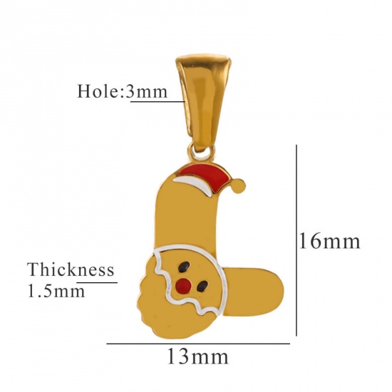 Picture of 1 Piece Eco-friendly PVD Vacuum Plating 304 Stainless Steel Charm Pendant Gold Plated Christmas Hats Message " L " 13mm x 16mm