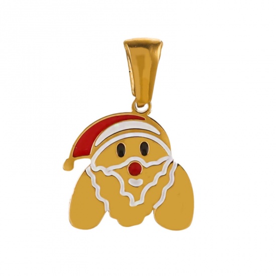 Picture of 1 Piece Eco-friendly PVD Vacuum Plating 304 Stainless Steel Charm Pendant Gold Plated Christmas Hats Message " M " 13mm x 14mm