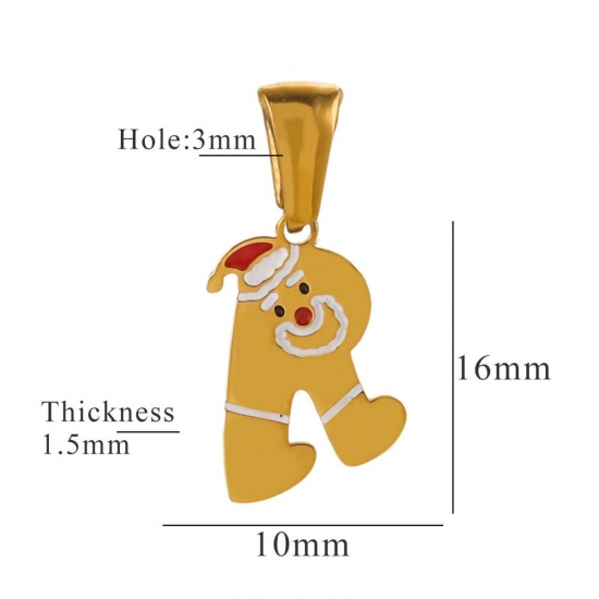 Picture of 1 Piece Eco-friendly PVD Vacuum Plating 304 Stainless Steel Charm Pendant Gold Plated Christmas Hats Message " R " 10mm x 16mm