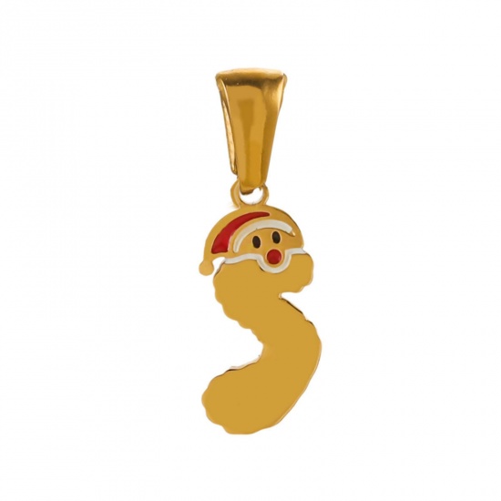 Picture of 1 Piece Eco-friendly PVD Vacuum Plating 304 Stainless Steel Charm Pendant Gold Plated Christmas Hats Message " S " 6mm x 16mm