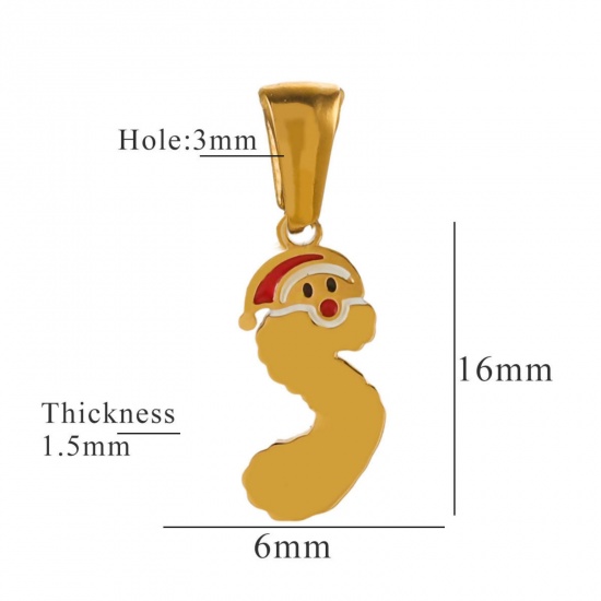 Picture of 1 Piece Eco-friendly PVD Vacuum Plating 304 Stainless Steel Charm Pendant Gold Plated Christmas Hats Message " S " 6mm x 16mm