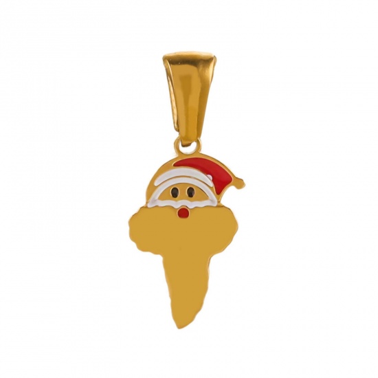 Picture of 1 Piece Eco-friendly PVD Vacuum Plating 304 Stainless Steel Charm Pendant Gold Plated Christmas Hats Message " T " 10mm x 16mm