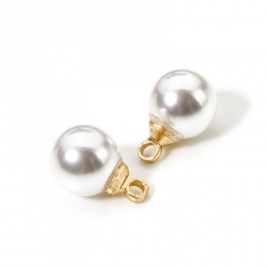 Image de 10 Pcs Breloques en Laiton & Acrylique Rond Plaqué Or 18K Perle Imitation Acrylique 11.5mm x 8mm