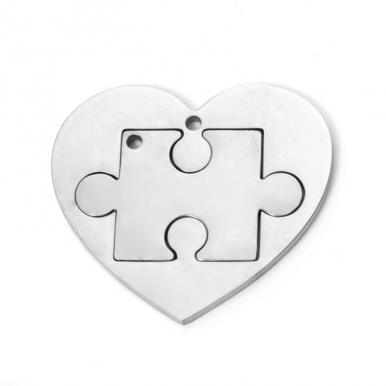 Picture of 1 Set ( 2 PCs/Set) 304 Stainless Steel Charms Silver Tone Heart Jigsaw 28mm x 25mm