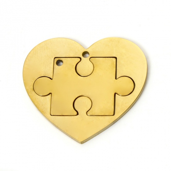 Picture of 1 Set ( 2 PCs/Set) Eco-friendly PVD Vacuum Plating 304 Stainless Steel Charms 18K Gold Plated Heart Jigsaw 28mm x 25mm