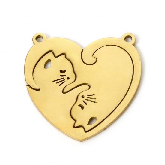 Picture of 1 Set ( 2 PCs/Set) Eco-friendly PVD Vacuum Plating 304 Stainless Steel Pendants 18K Gold Plated Heart Cat 3cm x 3cm