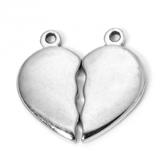 Picture of 1 Set ( 2 PCs/Set) 304 Stainless Steel Pendants Silver Tone Broken Heart 3cm x 1.6cm