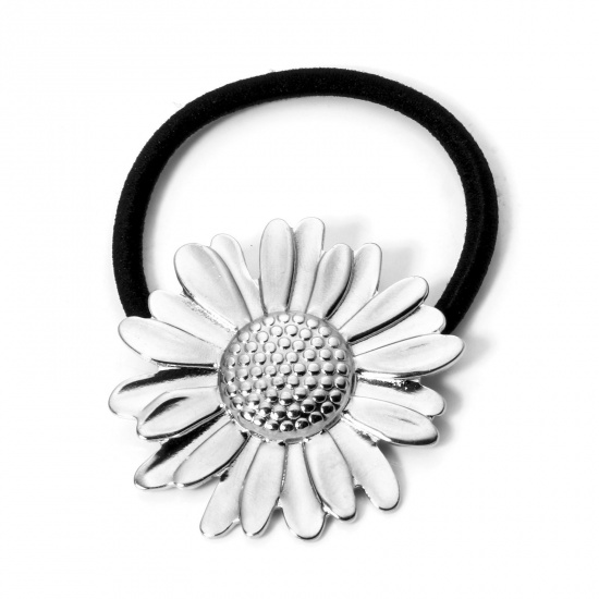 Picture of 1 Piece 304 Stainless Steel Ponytail Holder Hair Ties Band Scrunchies Silver Tone Sunflower 5cm Dia.