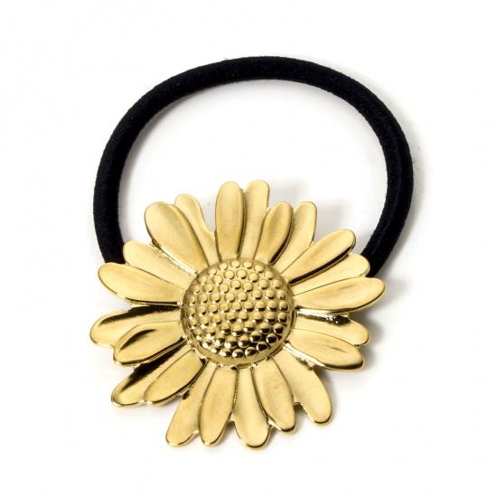 Picture of 1 Piece Eco-friendly PVD Vacuum Plating 304 Stainless Steel Ponytail Holder Hair Ties Band Scrunchies 18K Gold Plated Sunflower 5cm Dia.