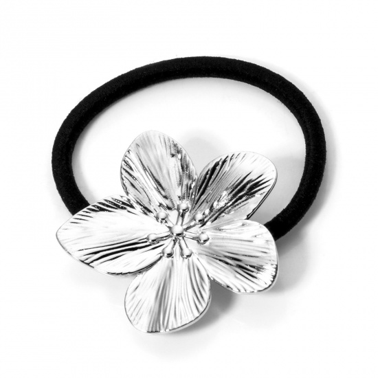 Picture of 1 Piece 304 Stainless Steel Ponytail Holder Hair Ties Band Scrunchies Silver Tone Flower 5cm Dia.