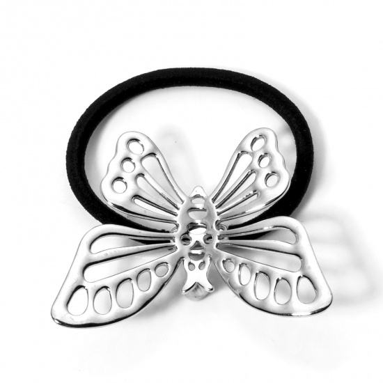 Picture of 1 Piece 304 Stainless Steel Ponytail Holder Hair Ties Band Scrunchies Silver Tone Butterfly Animal Hollow 5cm Dia.