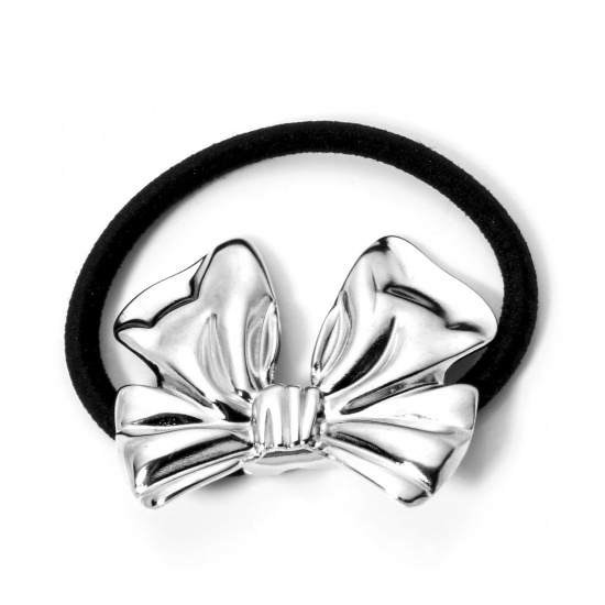 Picture of 1 Piece 304 Stainless Steel Ponytail Holder Hair Ties Band Scrunchies Silver Tone Bowknot 5cm Dia.