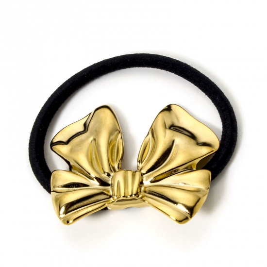 Picture of 1 Piece Eco-friendly PVD Vacuum Plating 304 Stainless Steel Ponytail Holder Hair Ties Band Scrunchies 18K Gold Plated Bowknot 5cm Dia.