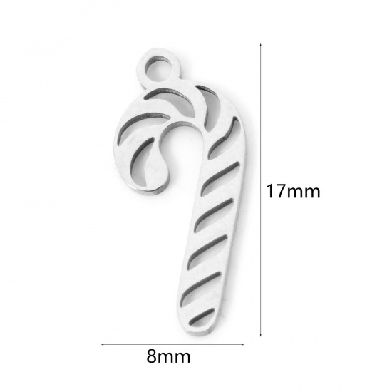 Imagen de 3 Unidades 304 Acero Inoxidable Navidad Colgantes Bastón de Caramelo de Navidad Tono de Plata Hueco 17mm x 8mm