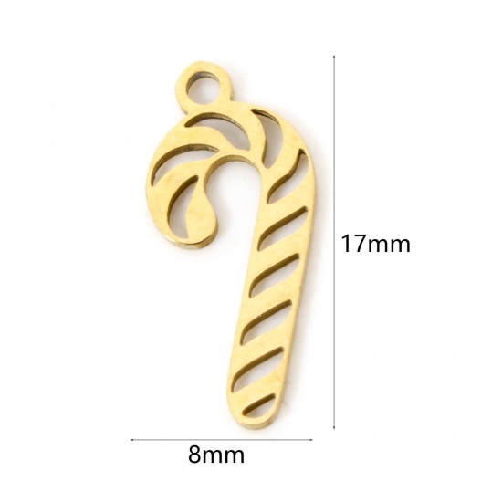 Imagen de 3 Unidades Enchapado al Vacío 304 Acero Inoxidable Navidad Colgantes Bastón de Caramelo de Navidad Chapado en Oro de 18K Hueco 17mm x 8mm