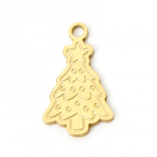 Picture of 2 PCs Vacuum Plating 304 Stainless Steel Christmas Charms 18K Gold Plated Christmas Tree Double-sided Polishing 16mm x 9mm