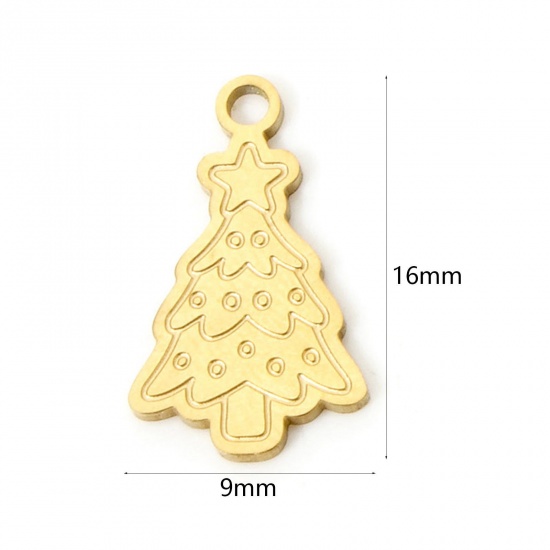 Picture of 2 PCs Vacuum Plating 304 Stainless Steel Christmas Charms 18K Gold Plated Christmas Tree Double-sided Polishing 16mm x 9mm