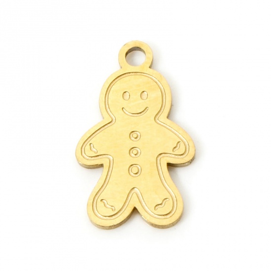 Picture of 2 PCs Vacuum Plating 304 Stainless Steel Christmas Charms 18K Gold Plated Christmas Ginger Bread Man Double-sided Polishing 15mm x 9mm