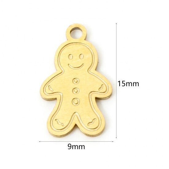 Picture of 2 PCs Vacuum Plating 304 Stainless Steel Christmas Charms 18K Gold Plated Christmas Ginger Bread Man Double-sided Polishing 15mm x 9mm