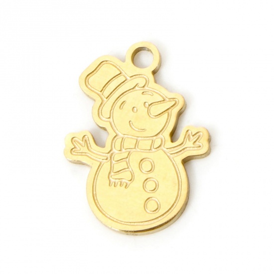 Picture of 2 PCs Vacuum Plating 304 Stainless Steel Christmas Charms 18K Gold Plated Christmas Snowman Double-sided Polishing 15mm x