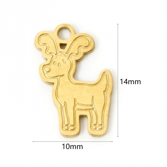 Picture of 2 PCs Vacuum Plating 304 Stainless Steel Christmas Charms 18K Gold Plated Christmas Reindeer Double-sided Polishing 14mm x 10mm