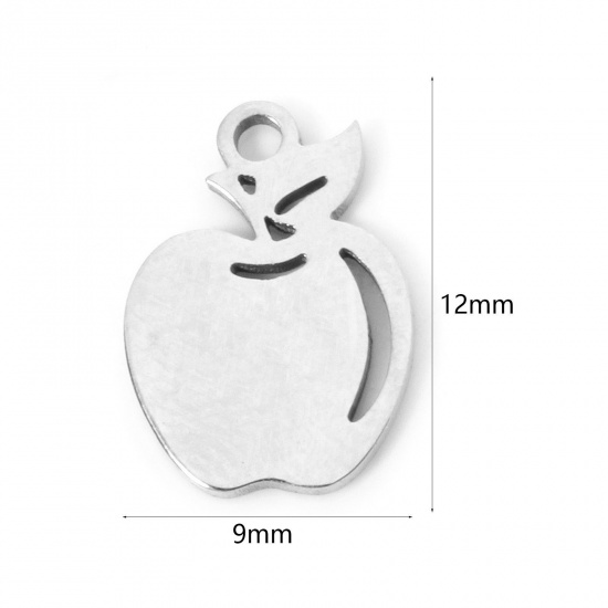 Picture of 3 PCs 304 Stainless Steel Charms Silver Tone Apple Fruit Hollow 12mm x 9mm