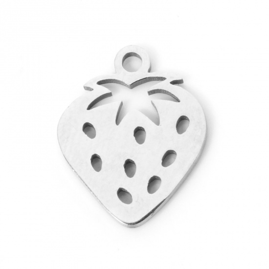 Picture of 3 PCs 304 Stainless Steel Charms Silver Tone Strawberry Fruit Hollow 12.5mm x 10mm