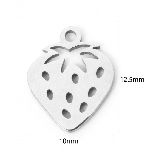 Picture of 3 PCs 304 Stainless Steel Charms Silver Tone Strawberry Fruit Hollow 12.5mm x 10mm