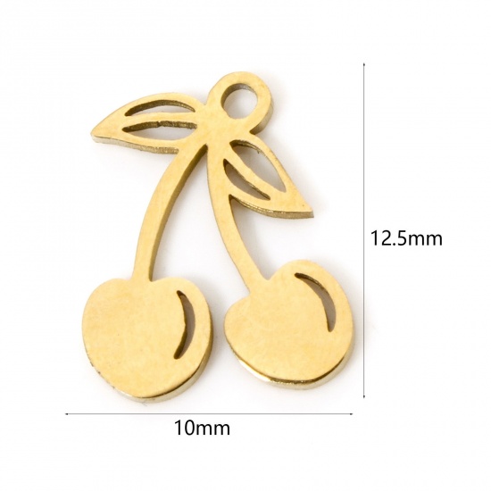 Picture of 3 PCs Vacuum Plating 304 Stainless Steel Charms 18K Gold Plated Cherry Fruit Hollow 12.5mm x 10mm