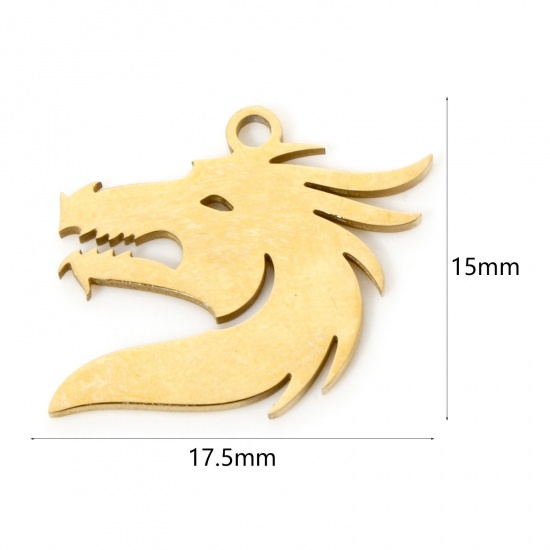 Picture of 3 PCs Vacuum Plating 304 Stainless Steel Charms 18K Gold Plated Dragon 17.5mm x 15mm