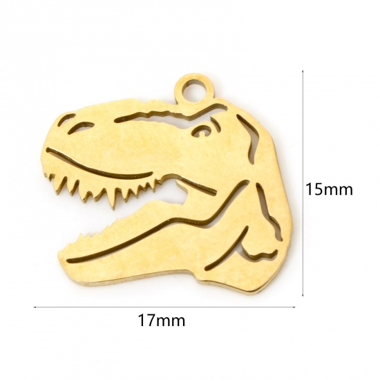 Picture of 3 PCs Vacuum Plating 304 Stainless Steel Charms 18K Gold Plated Dinosaur Animal 17mm x 15mm