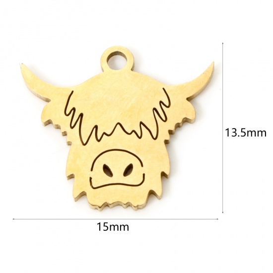 3 PCs Vacuum Plating 304 Stainless Steel Charms 18K Gold Plated Bull Head/ Cow Head 15mm x 13.5mm の画像