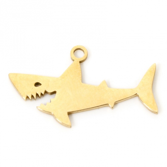 Picture of 3 PCs Vacuum Plating 304 Stainless Steel Charms 18K Gold Plated Shark Animal 22mm x 13mm