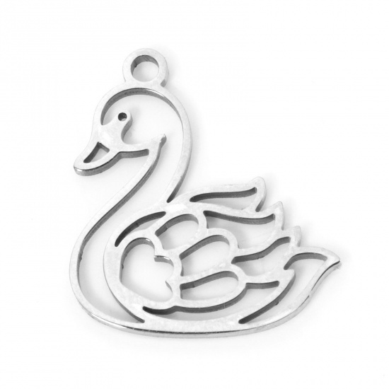 Picture of 3 PCs 304 Stainless Steel Charms Silver Tone Swan Animal 17.5mm x 15.5mm