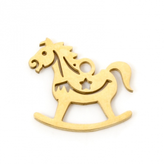 Immagine di 3 Pz Placcatura Sottovuoto 304 Acciaio Inossidabile Ciondoli Cavallo in Legno Placcato Oro 18K Filigrana 14mm x 14mm