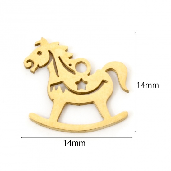 Immagine di 3 Pz Placcatura Sottovuoto 304 Acciaio Inossidabile Ciondoli Cavallo in Legno Placcato Oro 18K Filigrana 14mm x 14mm