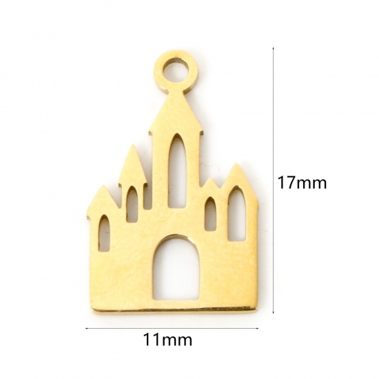 Immagine di 3 Pz Placcatura Sottovuoto 304 Acciaio Inossidabile Ciondoli Castello Placcato Oro 18K Filigrana 17mm x 11mm